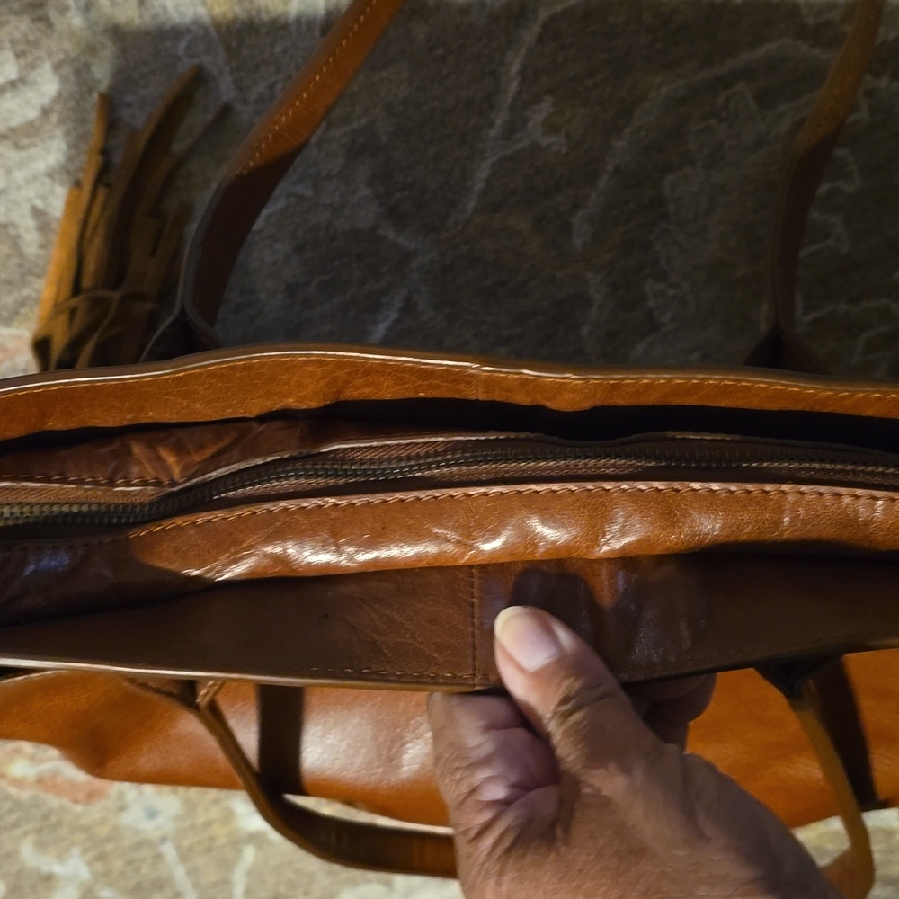Brown Leather Tote Bag with Fringe and Pattern - Picture 11 of 14